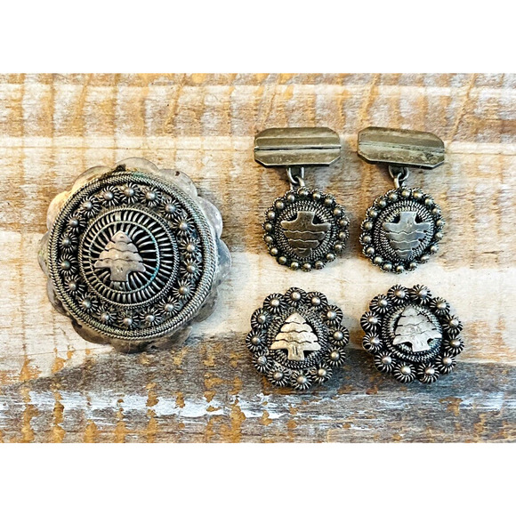 Antique 5 pcs 850 Silver Cannetille Filigree Brooch Cufflinks Earrings Arrow - Picture 8 of 8